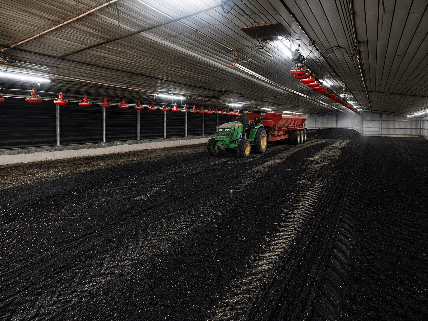 Tractor spreading poultry litter treatment inside a commercial poultry house