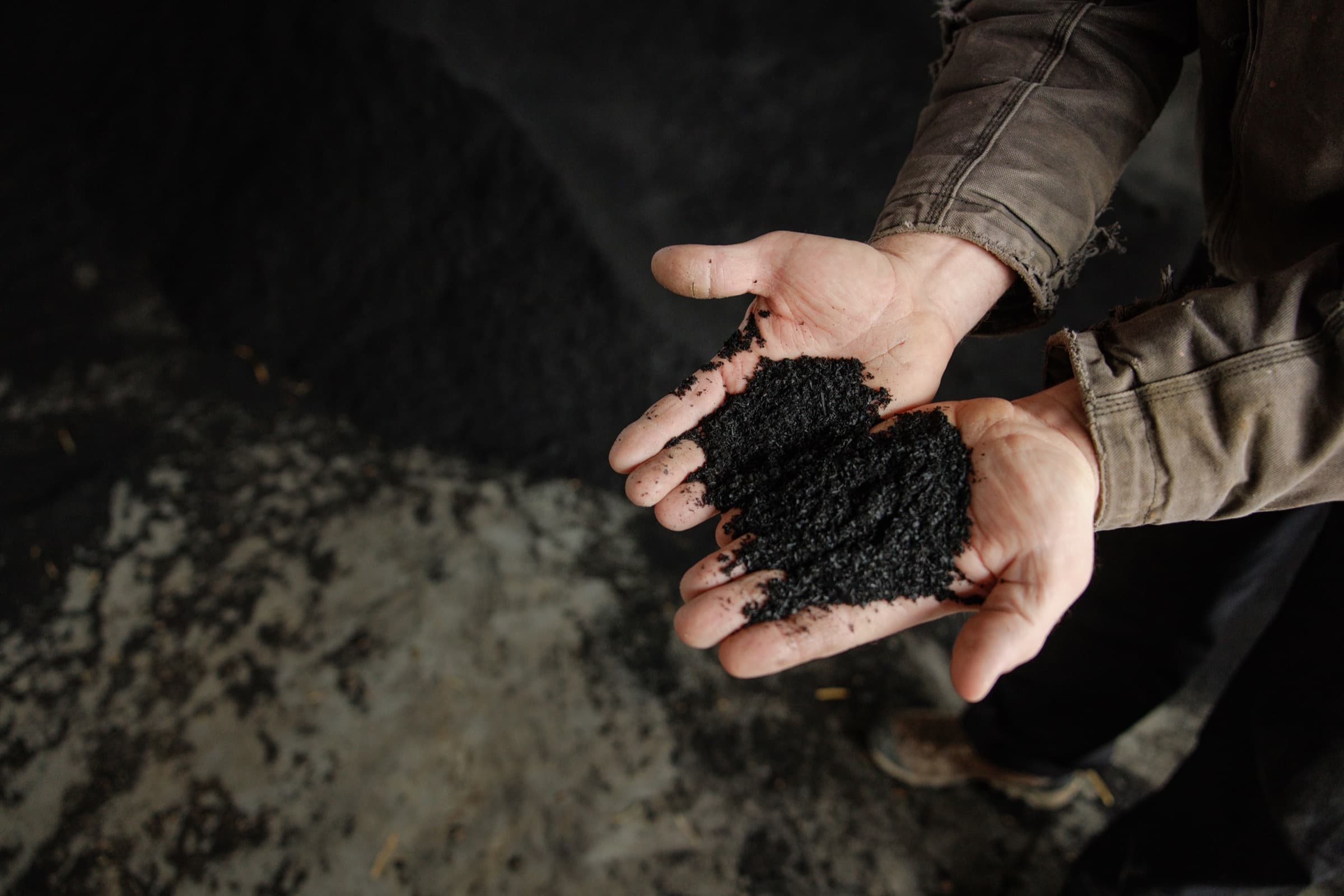 A handful of engineered biochar held over a stockpile of the same material.
